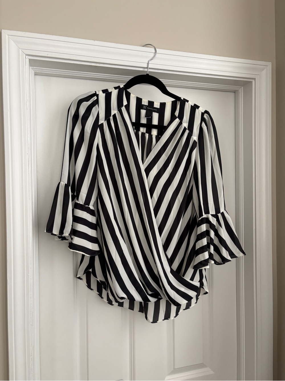 INC Striped Bubble Hem Quarter Sleeve Blouse Women’s Medium Event Night Out